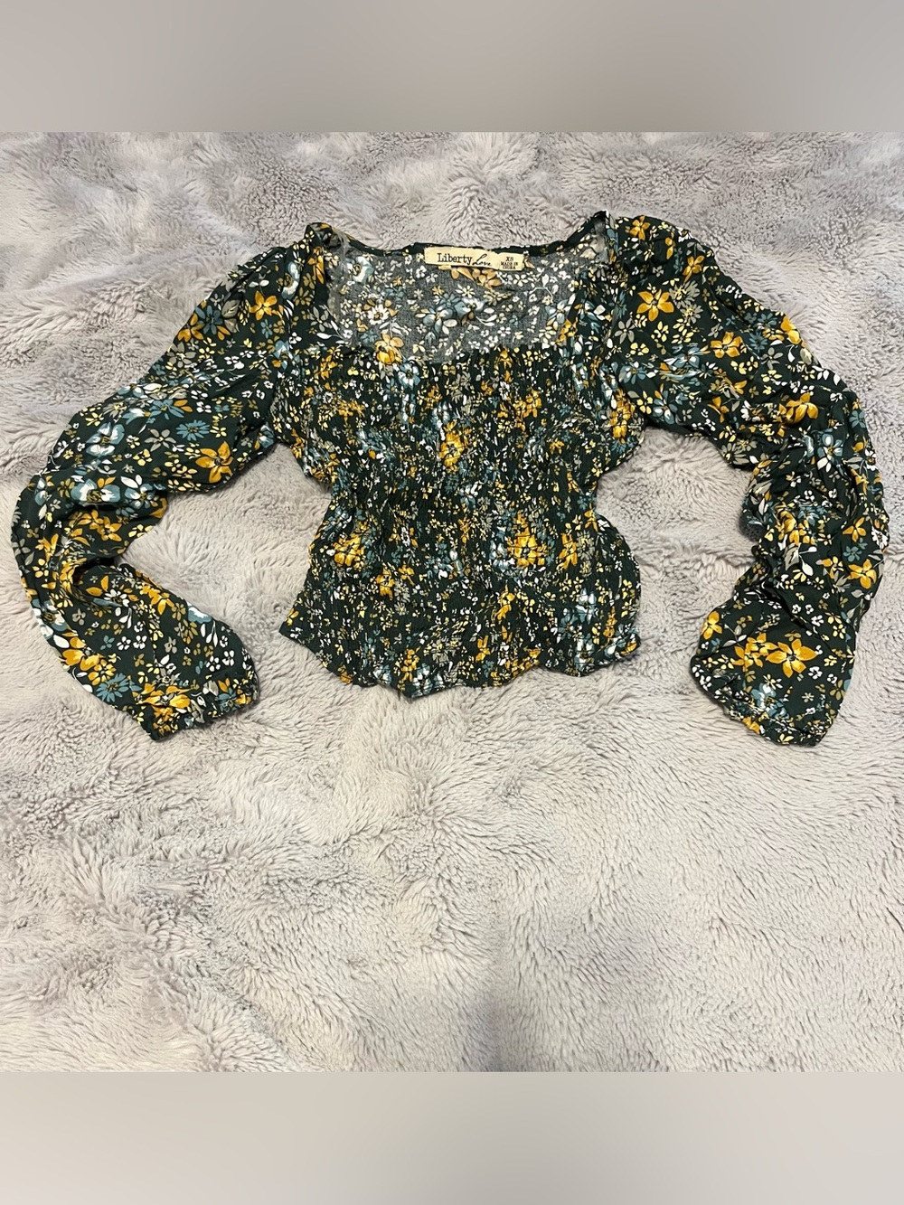 Liberty Love Forest Green Yellow Floral Smocked Top